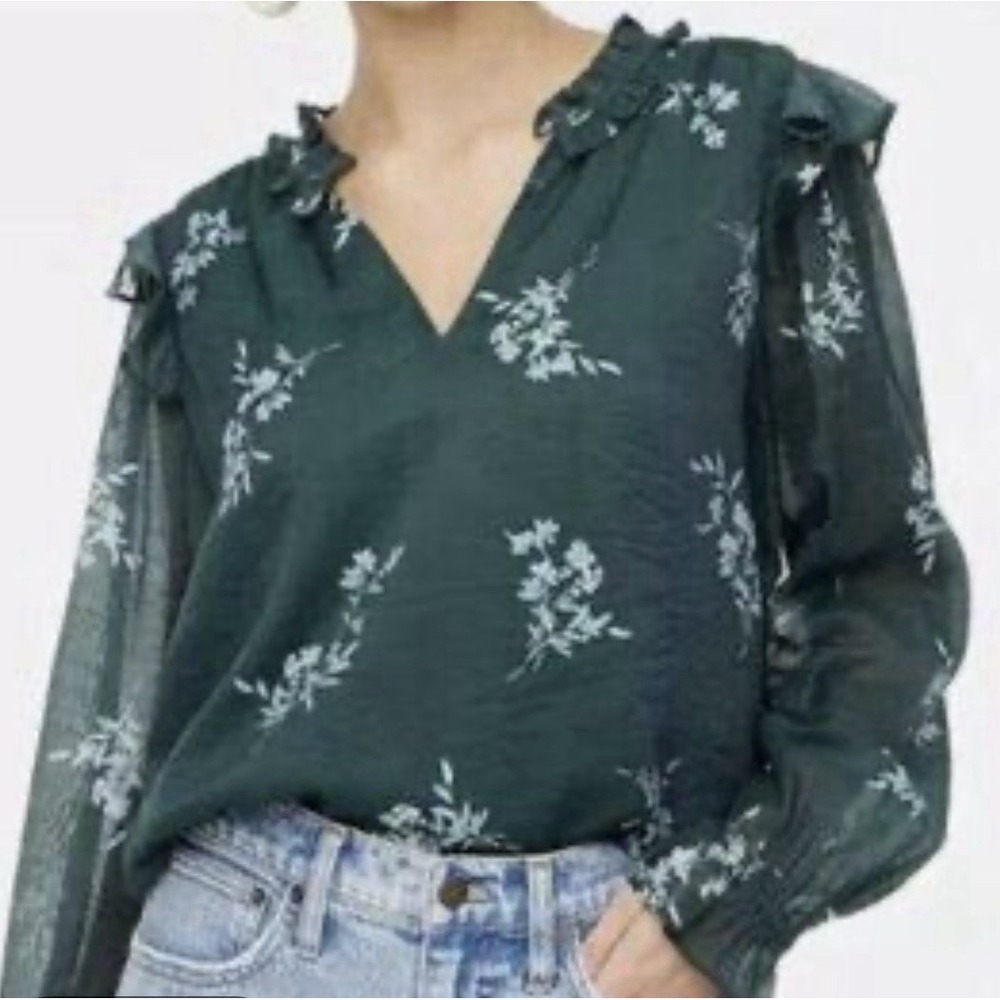 J.Crew Women's Teal Green Floral Long Sleeve Ruffled Blouse Size XS $89.50